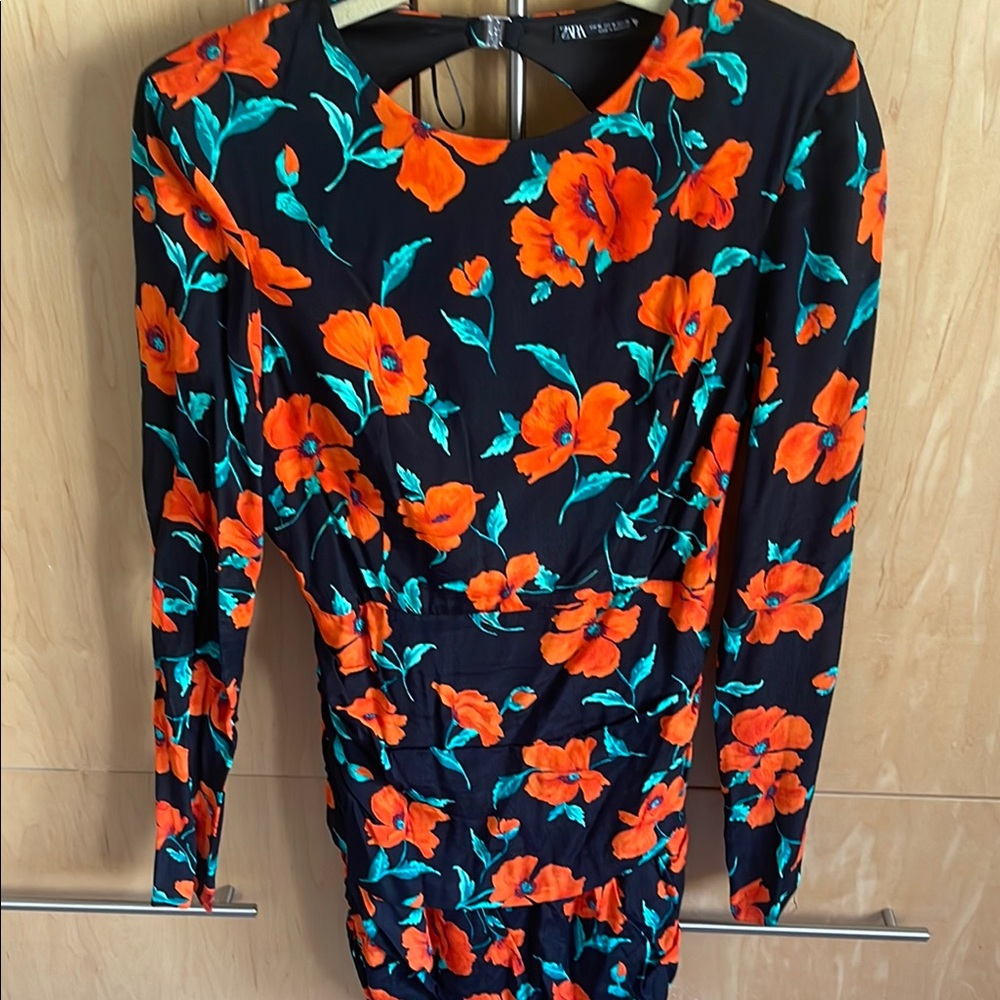Zara Orange and Green Ruched Wrap Bodycon Dress